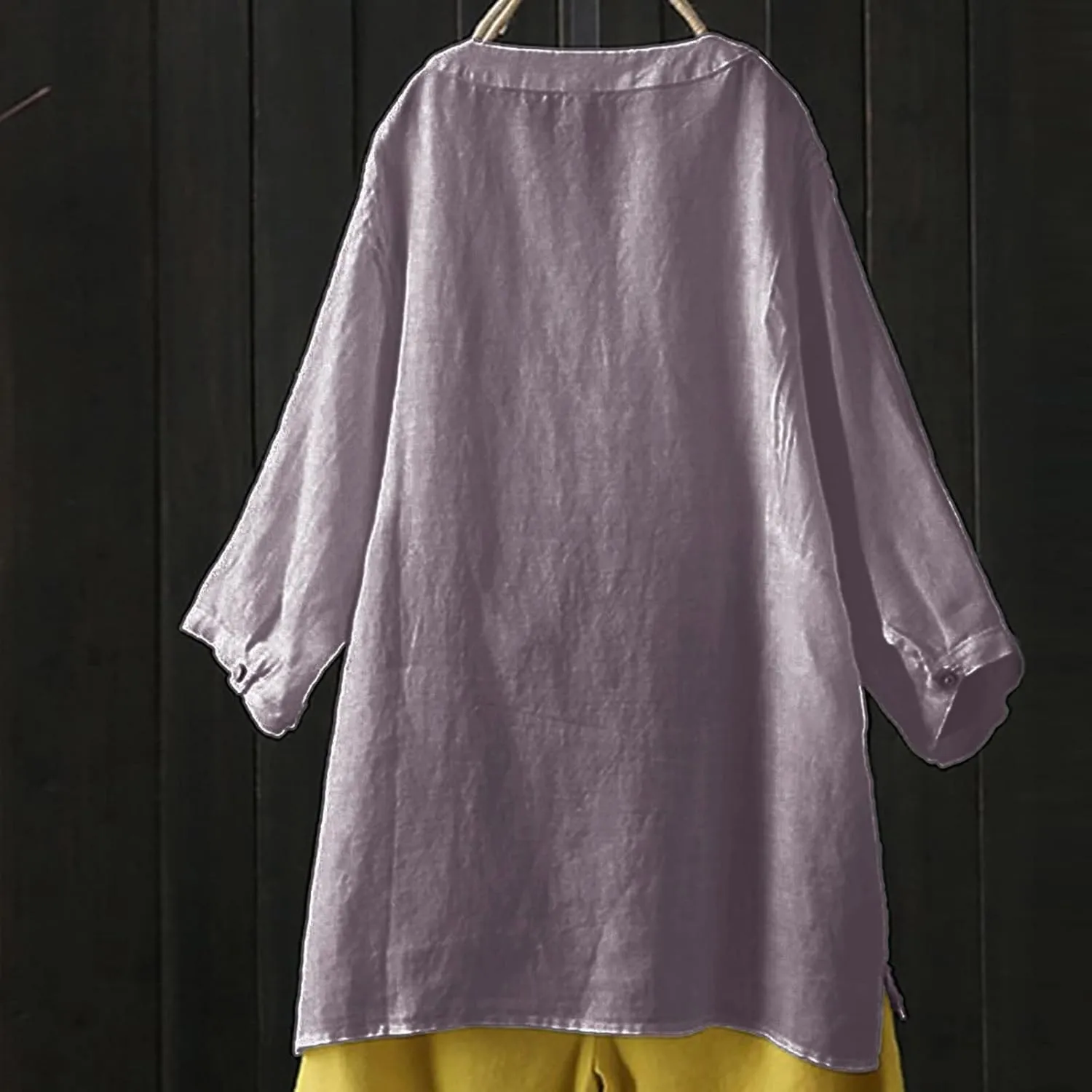 Womens Summer Tops Casual Loose Cotton Linen Shirts Button Down V Neck Ruffle 3/4 Sleeve Slim Fit T Shirts
