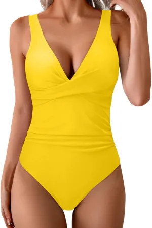 Women's Tummy Control One Piece Swimsuit with V-Neck & Criss Cross Back Ruched Push Up Slimming Adjustable Swimwear