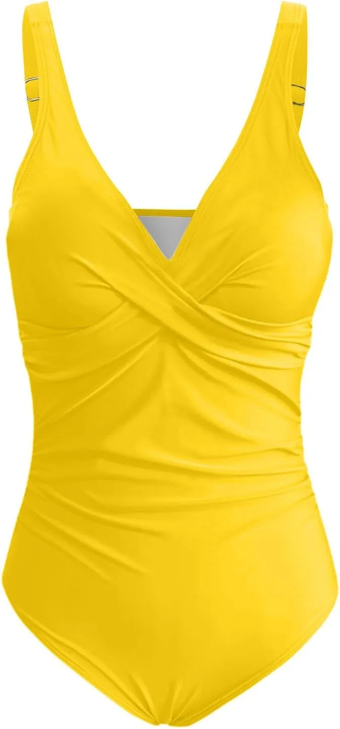 Women's Tummy Control One Piece Swimsuit with V-Neck & Criss Cross Back Ruched Push Up Slimming Adjustable Swimwear