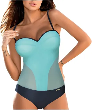 Womens Tummy Control One Piece Swimsuits Sexy Mesh Bathing Suits Color Block Slimming Monokini Swimwear Swimming Suits